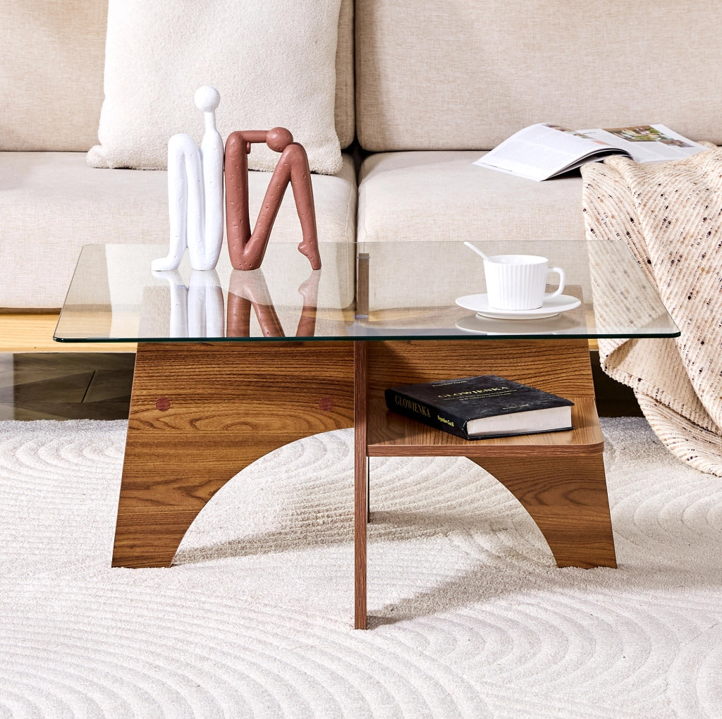 Tavolino 80x80x40 cm con piano in vetro temperato; struttura in MDF effetto noce