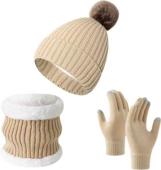 Set di cappello, sciarpa e guanti touchscreen per la calda, facile, unisex, adatto per attività all'aperto, jogging, sci, escursioni - Beige - 35*25*4