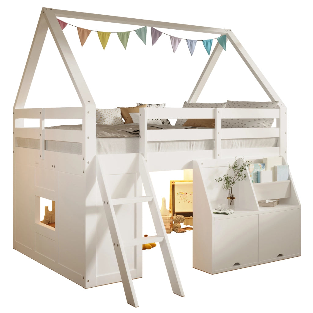 Letto a soppalco per bambini a casetta 140x200 cm con scala; LED e contenitori bianco