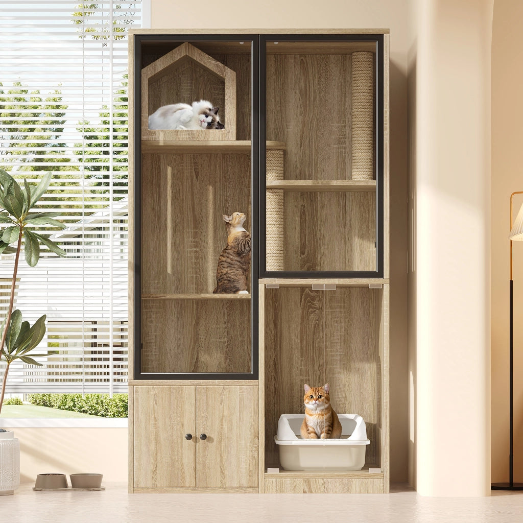 Tiragraffi per gatti a più livelli con casa integrata e ripiani aperti con tiragraffi in juta in MDF e vetro naturale