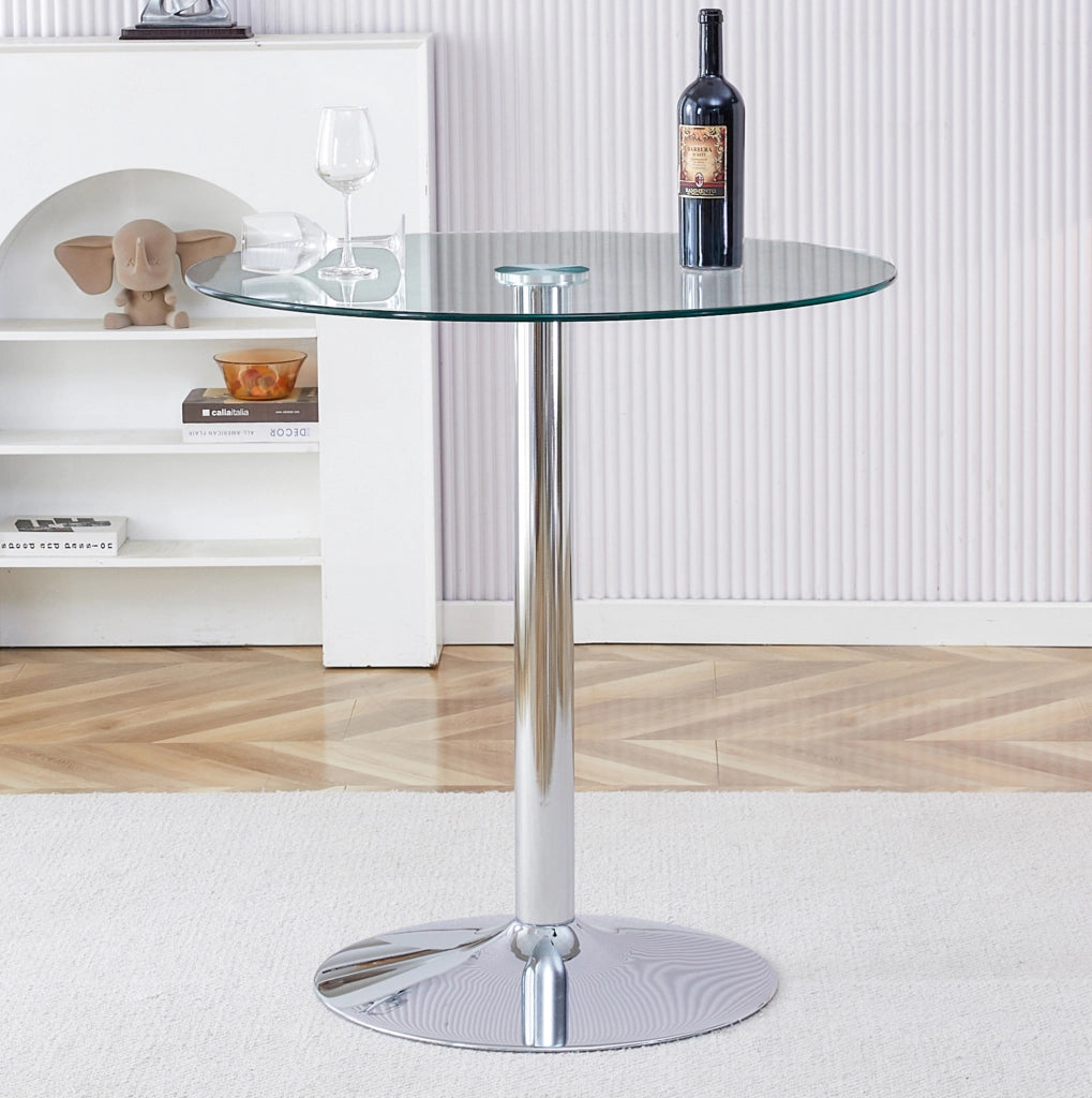 Tavolo bar rotondo in vetro trasparente e metallo argento 89 cm