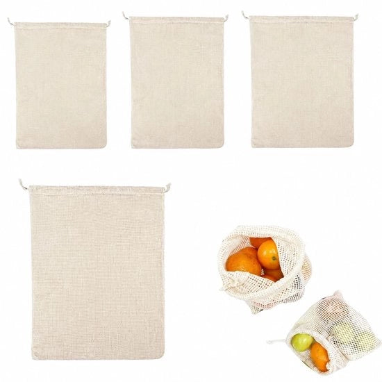 Sacchi in Tessuto Reutilizzabili - 4 Pezzi - Per Verdure e Legumi - Sostenibili - 20x25/20x30/25x30/30x40 cm - Sicuri e Facili da Utilizzare - Sacchi per Cucina