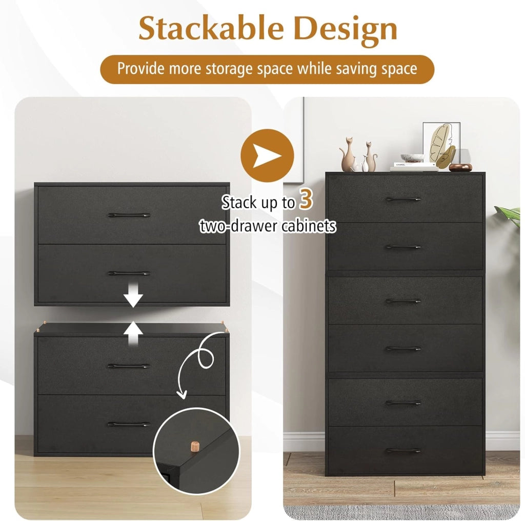 Cassettiera Portaoggetti Camera da Letto 2 Cassetti, Mobile Portaoggetti in Legno con Kit Anti-Ribaltamento, 4 Tasselli, Armadio Portaoggetti per Camera da Letto, 60 x 34 x 38 CM (Nero)