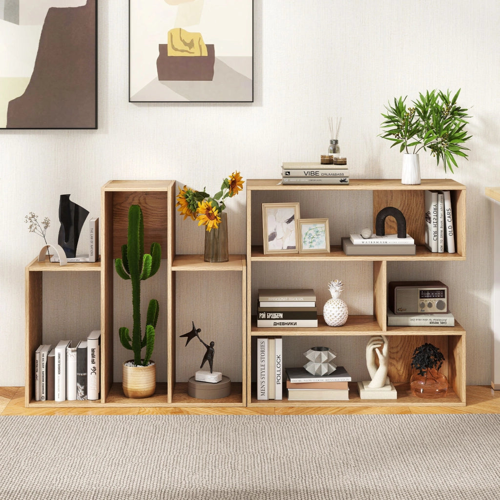 Set librerie angolari concava e convessa a 3 ripiani, Libreria da esposizione autoportante per soggiorno studio ufficio Naturale