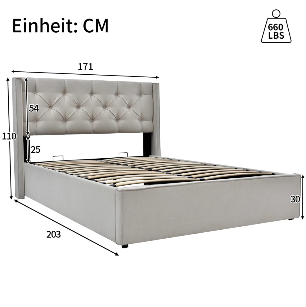 Letto matrimoniale imbottito con contenitore 160x200 cm; testa letto capitonn茅; grigio chiaro