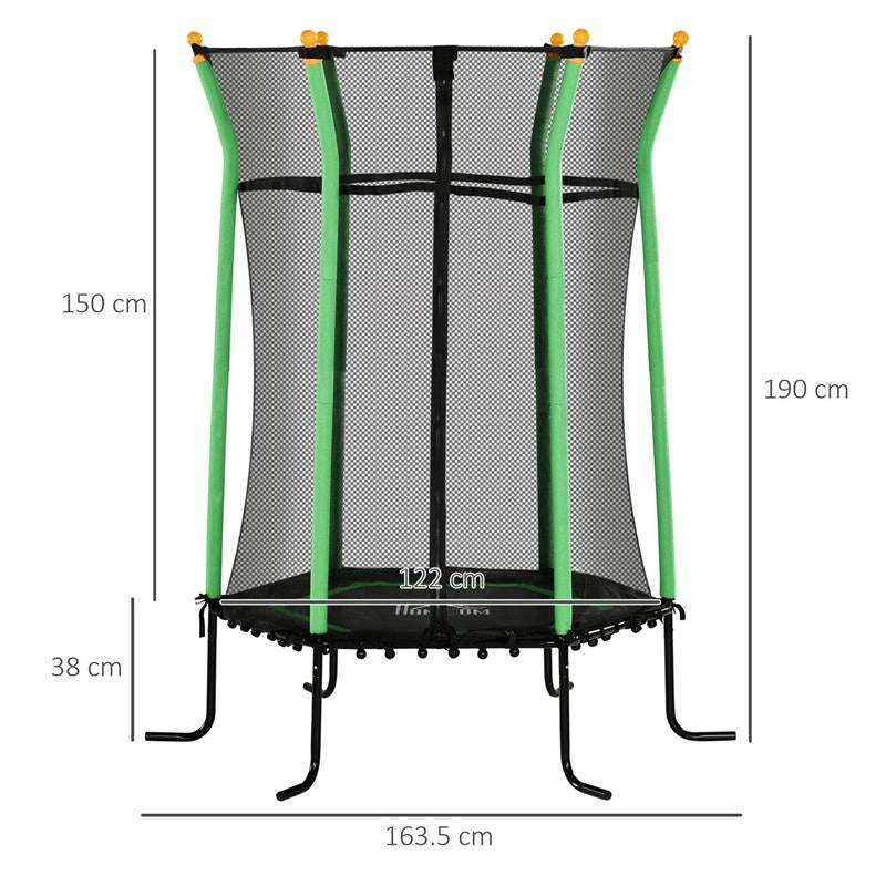 TRAMPOLINO ELASTICO PER BAMBINI 3-10 ANNI CON INGRESSO A CERNIERA E PALI IMBOTTITI, Ï163.5X190 CM, VERDE