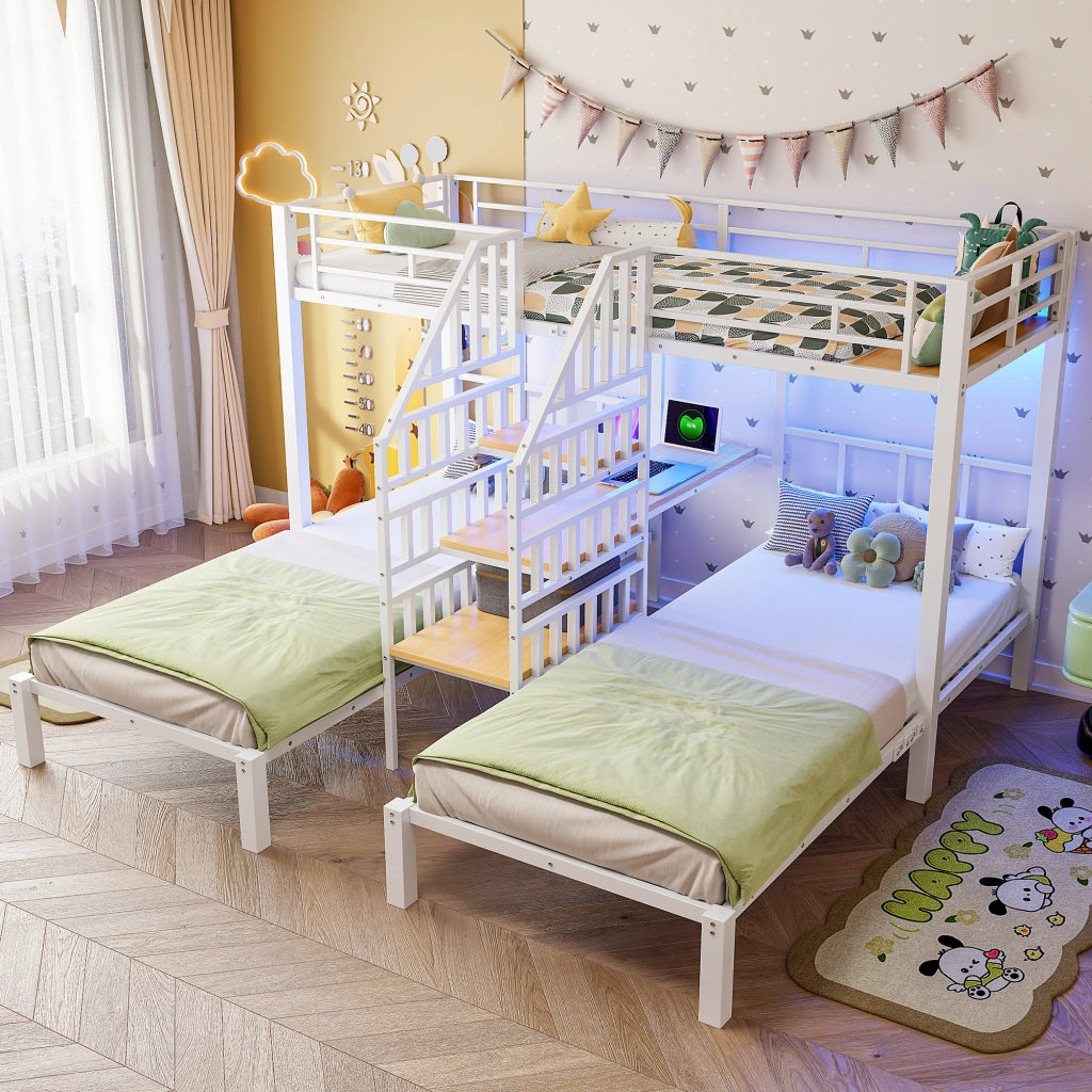 OKWISH Letto a Castello 90×200 cm, Letto 3 Posti con LED, USB, Presa, Scala Contenitore, Scrivania e Mensola, senza Materasso, Bianco