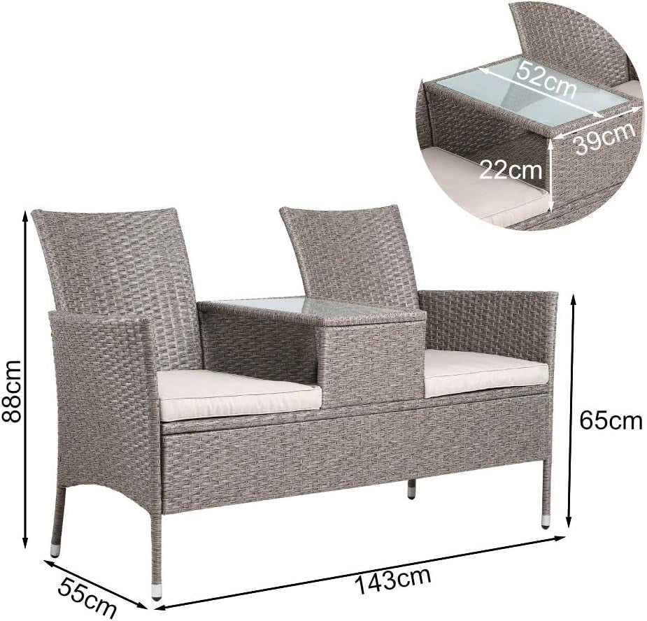 Panchina da Esterno con Tavolino Polyrattan DivanettoCon Cuscini Resistente alle Intemperie