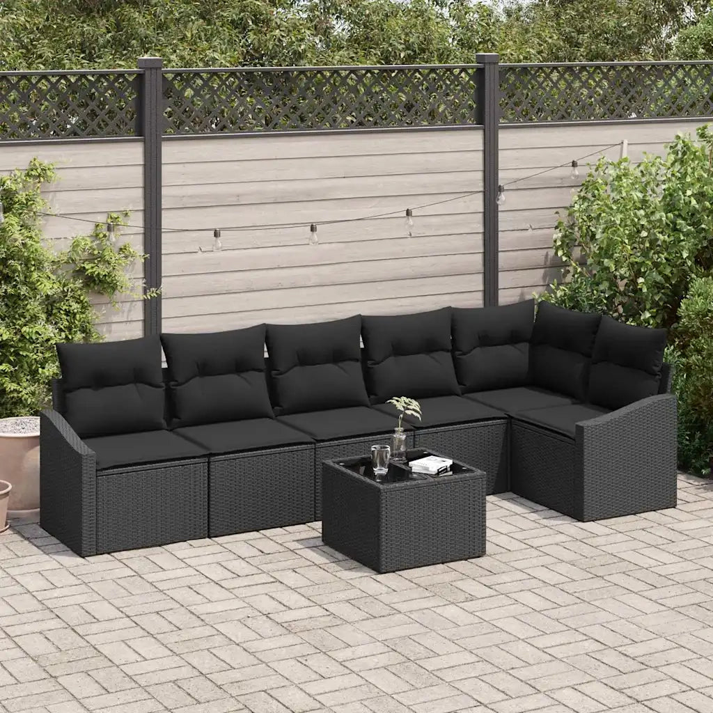 Set Divano da Giardino con cuscino 7 pcs Nero polyrattan