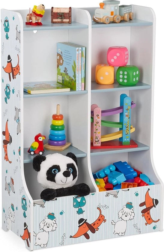 Cassetto per giocattoli 8 cassetti in MDF con stampo di cani Dimensioni: 90 x 59 x 30 cm Cassetto per libri per bambini colorato