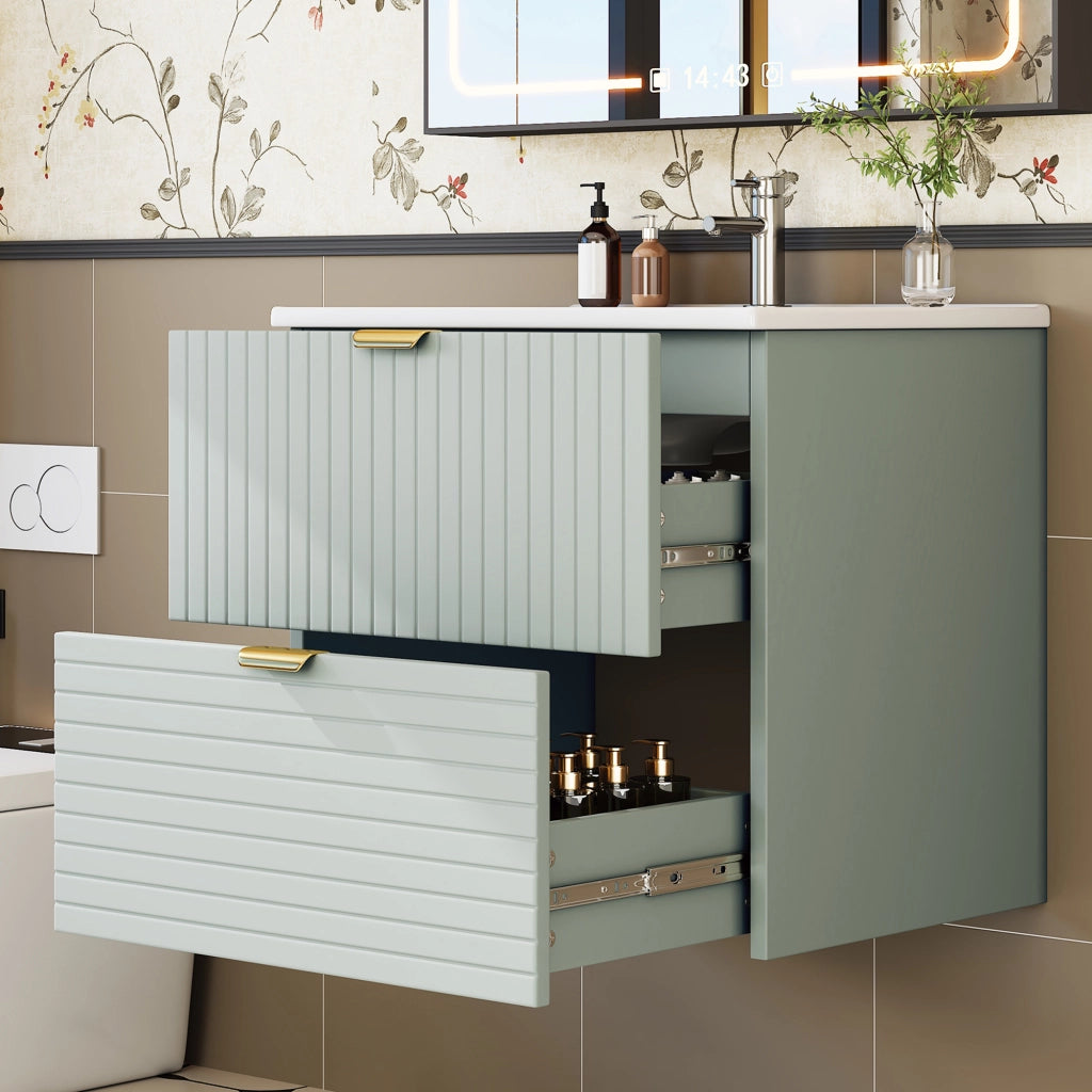 Sottolavabo Sospeso con Lavabo Integrato ¨C MINIMAL ¨C 2 Cassetti, Verde Menta, 61x46x57
