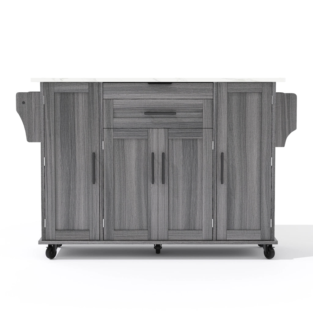 Isola da Cucina Mobile 136x45/70x92 cm Grigia e Legno con Piano Ribaltabile, Cassetti e 5 Ruote