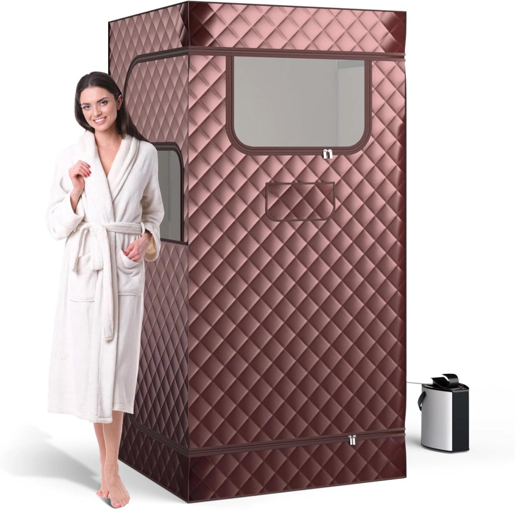 Sauna a Vapore Portatile 3L, Sauna da Casa con 9 Livelli di Regolazione della Temperatura da 35-63℃, Telecomando, Sedia Pieghevole e Massaggiatore per Piedi in Legno (caffè)