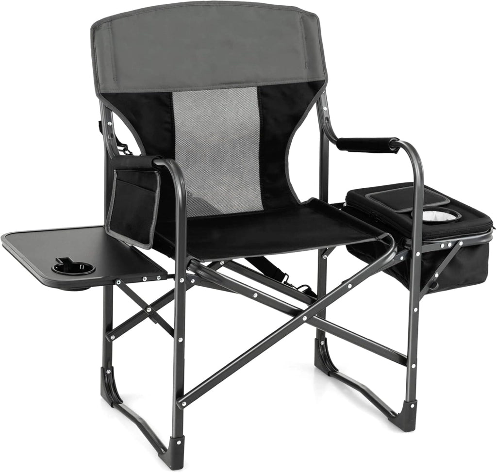 Sedia Pieghevole Da Campeggo, Sedia Campeggio Pieghevole da Esterno Giardino con Tavolo Laterale, Sedia Mare Spiaggia Pesca da Esterno Tasca Portaoggetti e Borsa Termica 53x98x113 cm