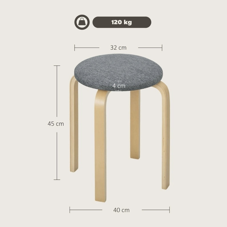 Set di 4 sgabelli impilabili rotondi 40x40x45 cm; con seduta imbottita; legno grigio
