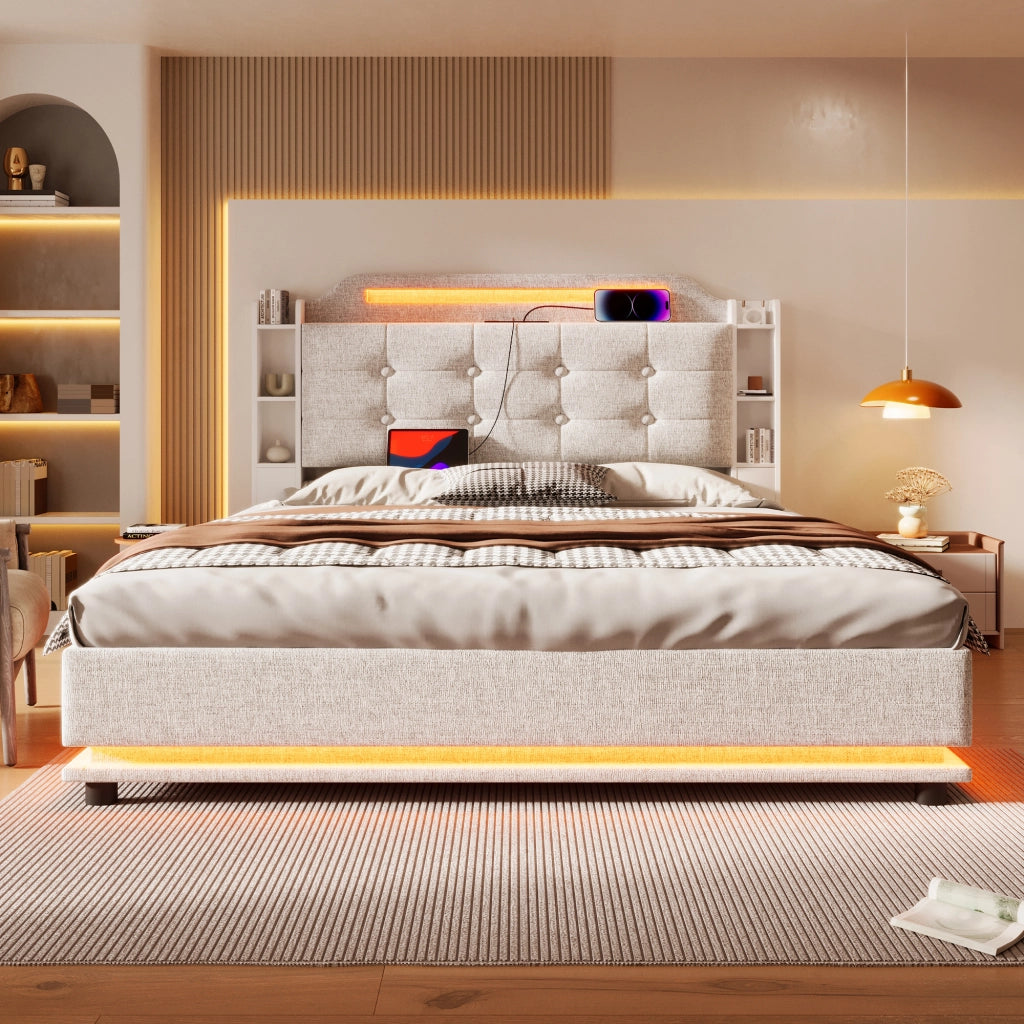 Letto Contenitore 140 x 200 cm - LED; USB; Tipo C e Vani Portaoggetti - Lino - Beige