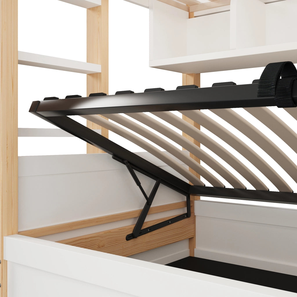 Letto a castello a casetta 90x200 cm con contenitore idraulico; LED; ripiano e scala reversibile; bianco e legno