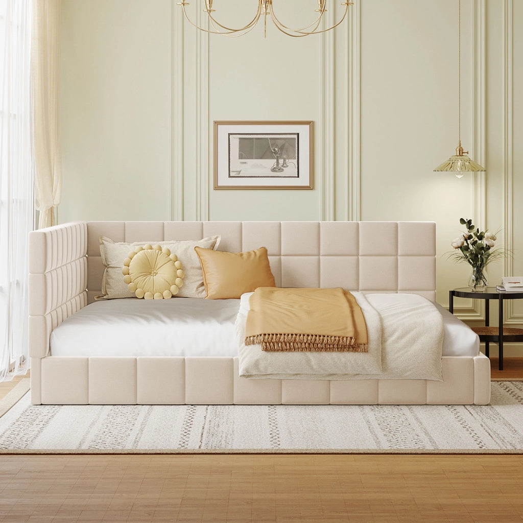 OKWISH Letto a Divano 140×200 cm, Letto Matrimoniale con Schienale Reversibile e Bracciolo, senza Materasso, in Tessuto Imbottito, Beige