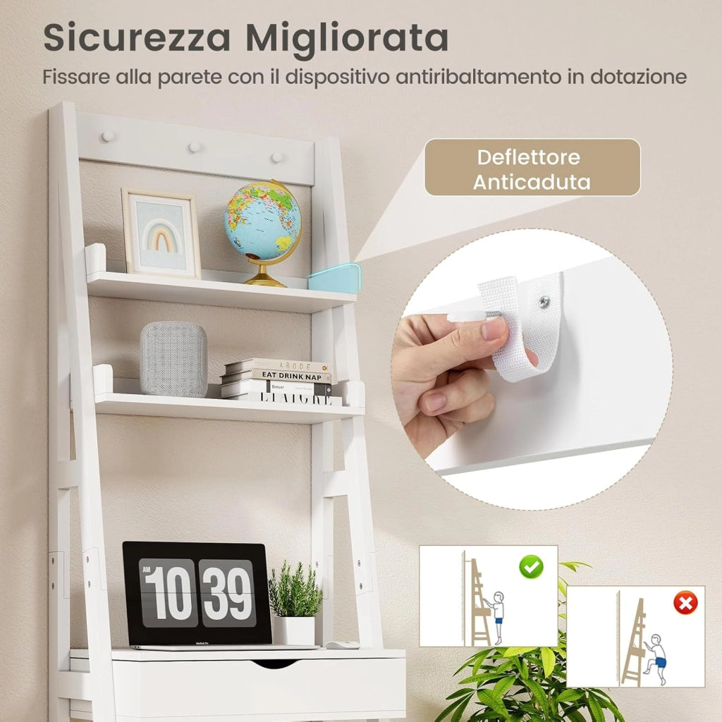 Toeletta Trucco con Specchio Nascosto, Set Tavolo e Sgabello da Trucco con 2 Ripiani, 3 Ganci, Sgabello Imbottito, per Soggiorno Camera da Letto, 60 x 40 x 180,5 cm (Bianco)