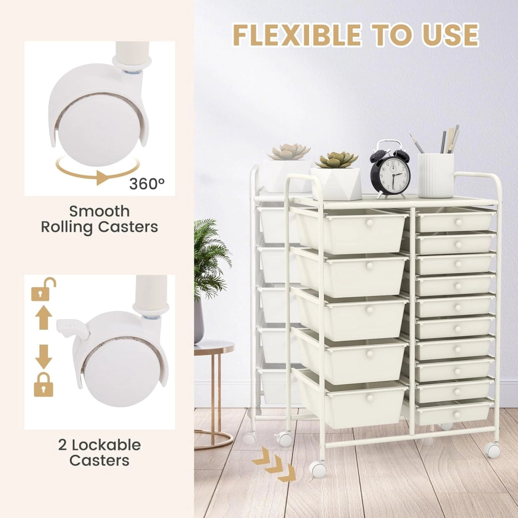 Carrelli Porta Oggetti, con 10+5 Cassetti Impilabili, 2 Ruote Bloccabili, Braccioli Metallici, Portabile e Pratico, per Ufficio, Studio, Cucina,Bagno, 5 Colori Disponibili, 62,5x37x87 cm