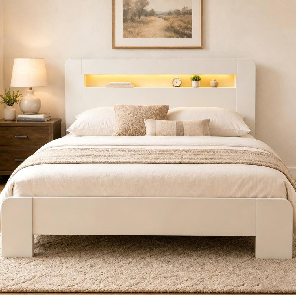 Letto 140x200 cm con contenitore e LED in legno bianco