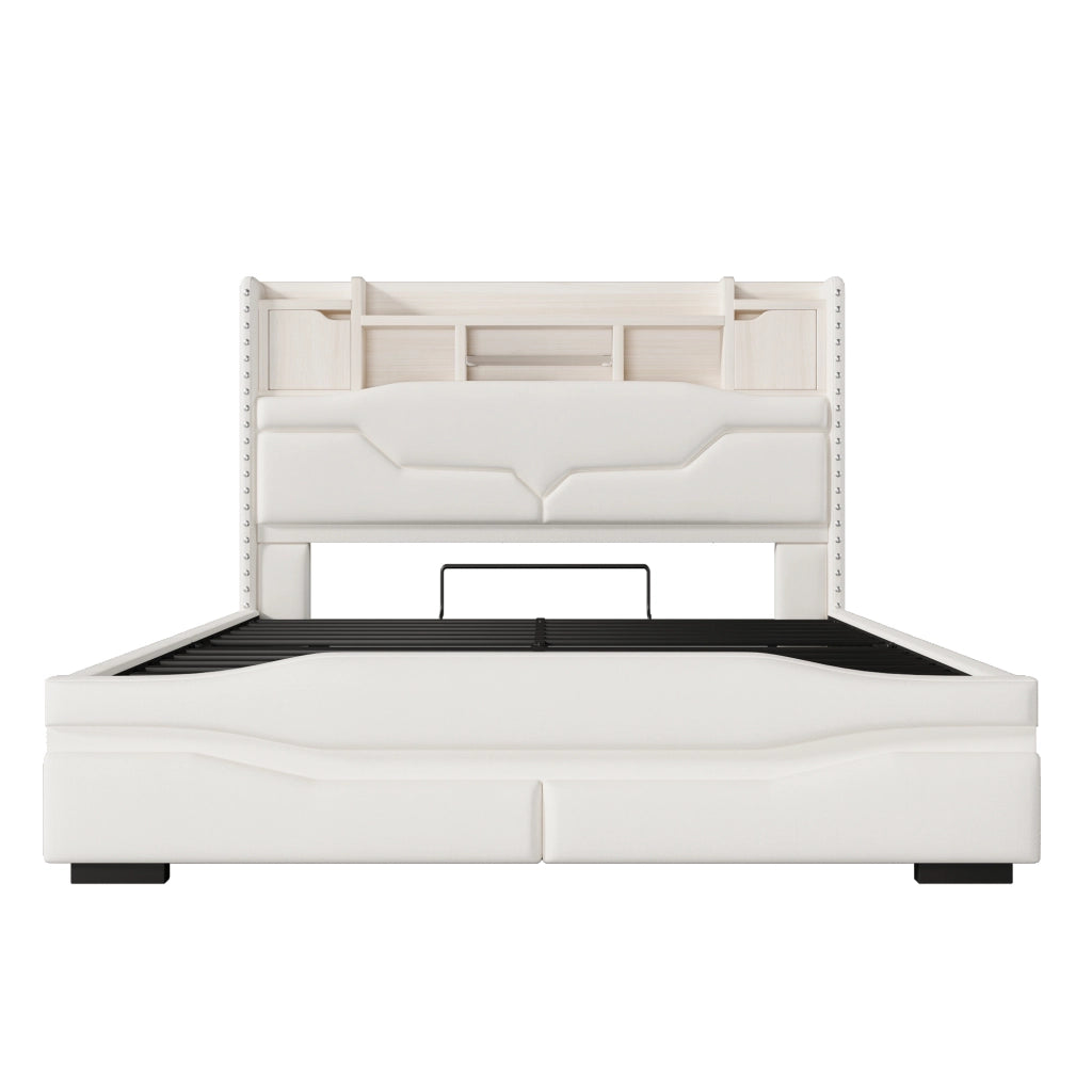 Letto matrimoniale 140x200 cm, con prese di ricarica, luci a LED, vano portaoggetti, beige