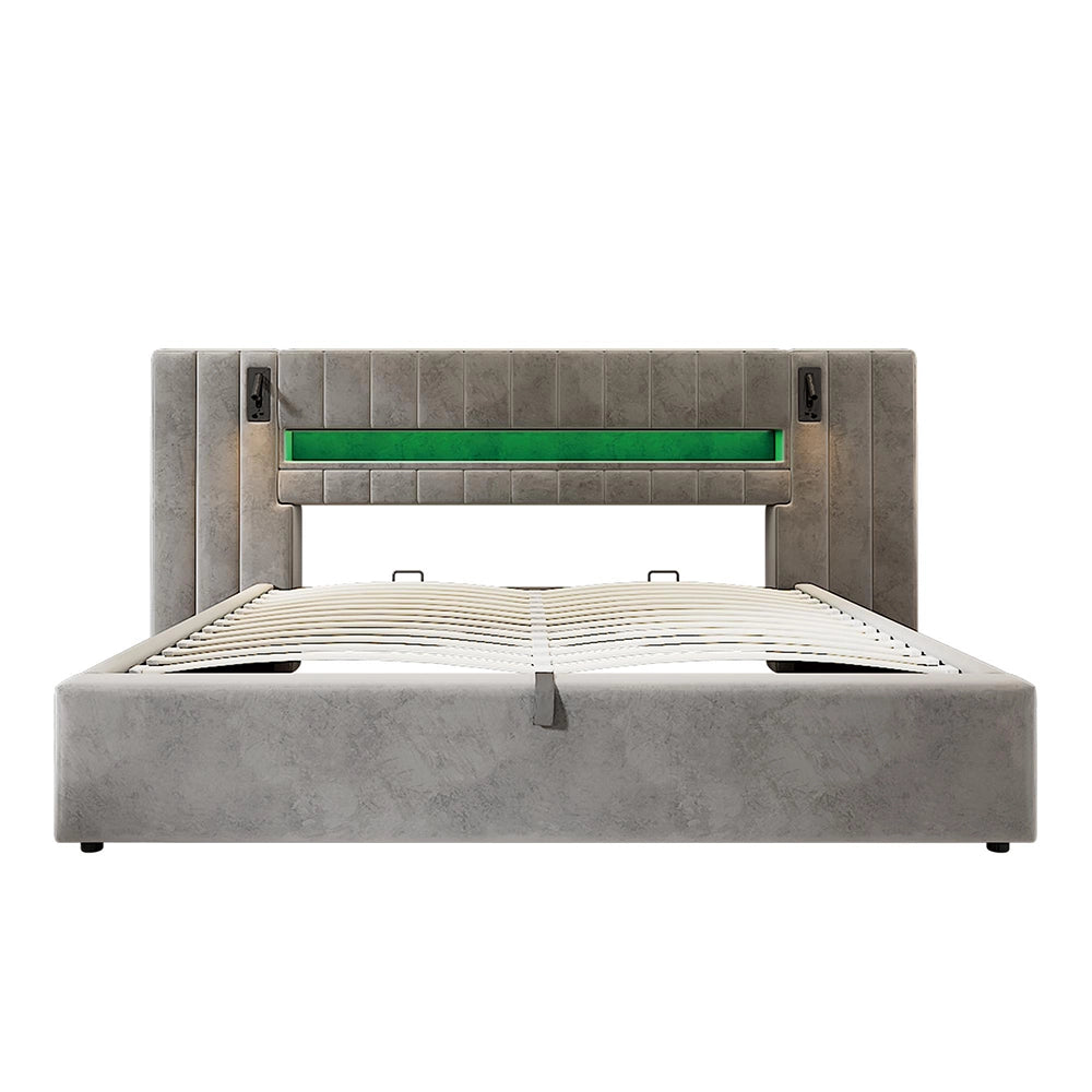 Letto-Xylo-180x200 cm-USB, LED, lampada, spazio idraulico, velluto grigio