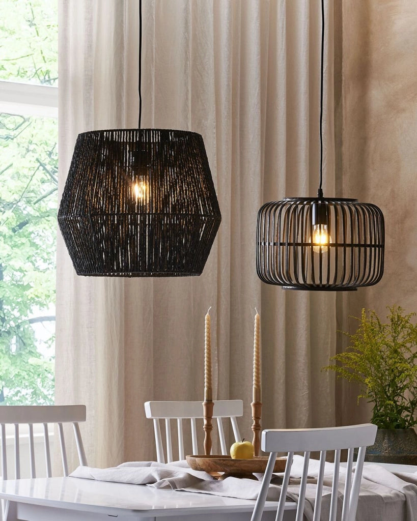Lampada a sospensione corda carta nero 127 cm paralume materiale naturale boho