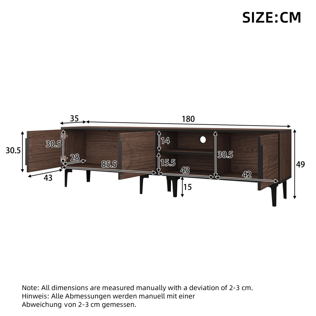 Mobile porta TV con 3 ante e 2 vani aperti per soggiorno in truciolato nero e noce scuro 180 × 35 × 49 cm