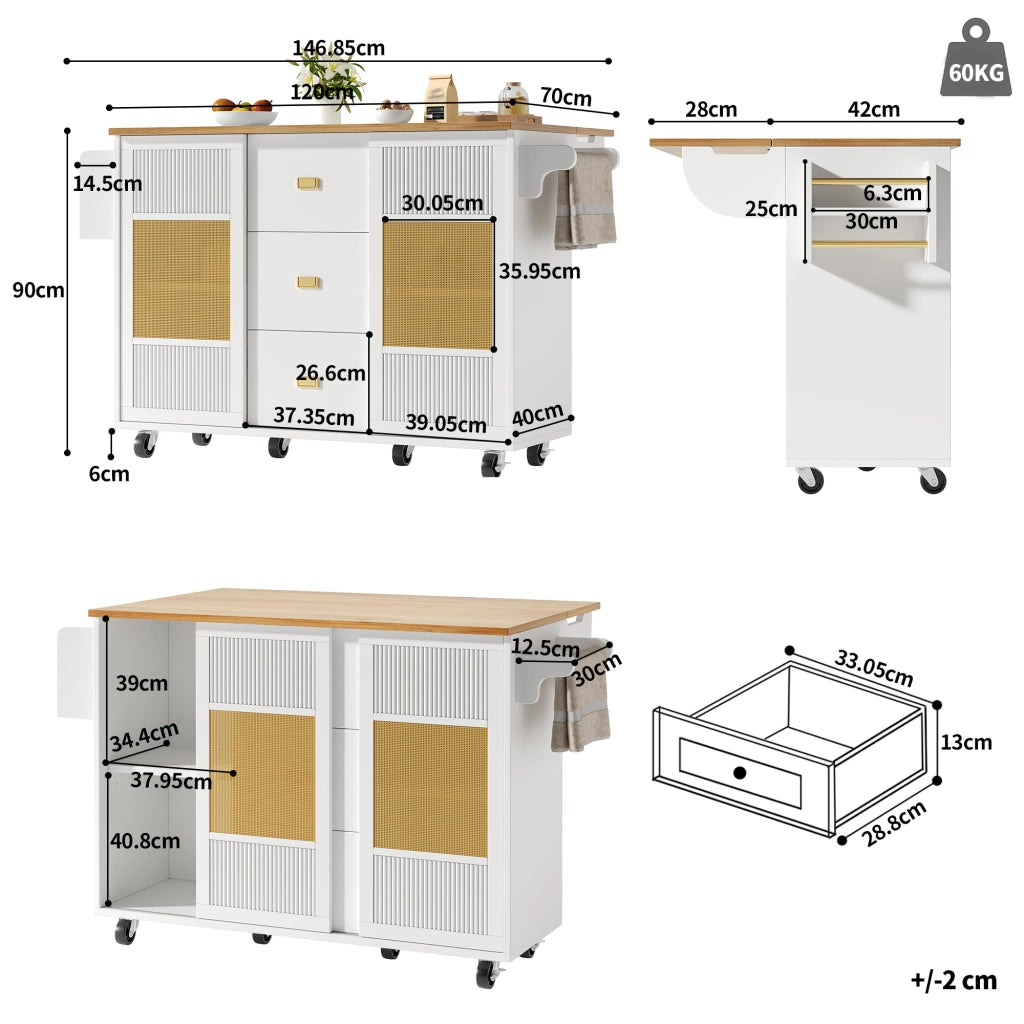 ISOLA CUCINA 146,85x70x90 cm Bianca in MDF e Metallo con ruote