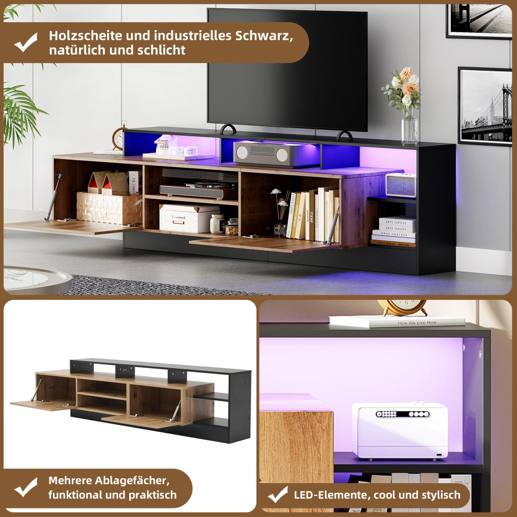 Mobile TV con 2 ante ribaltabili; vani aperti e LED per soggiorno e camera da letto; 190×40×48.5 cm