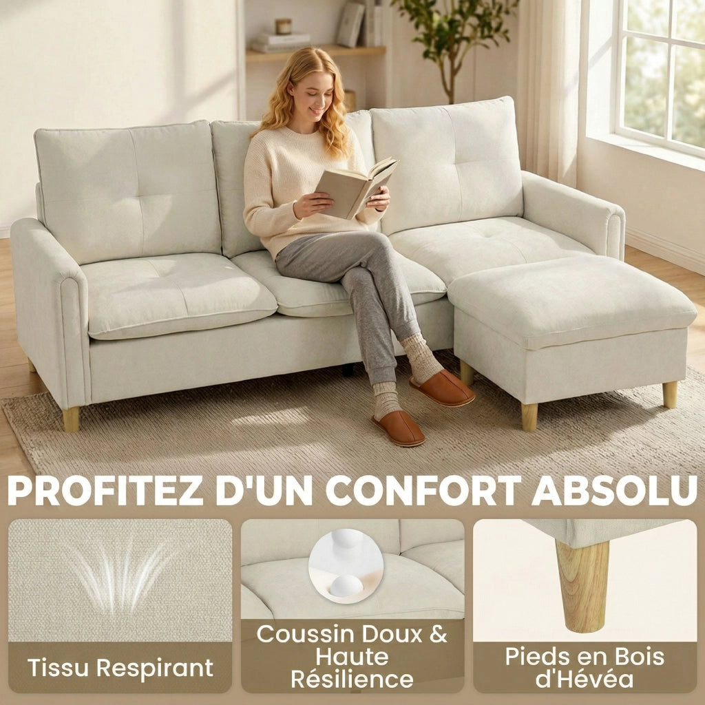 Divano angolare 3 posti con pouf contenitore ¨C Xylo ¨C tessuto effetto lino crema 210 cm