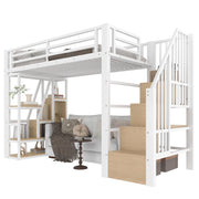 Letto a soppalco 90 × 200 cm 1 posto con LED; mensole e scaletta contenitore; senza materasso; in metallo e MDF bianco