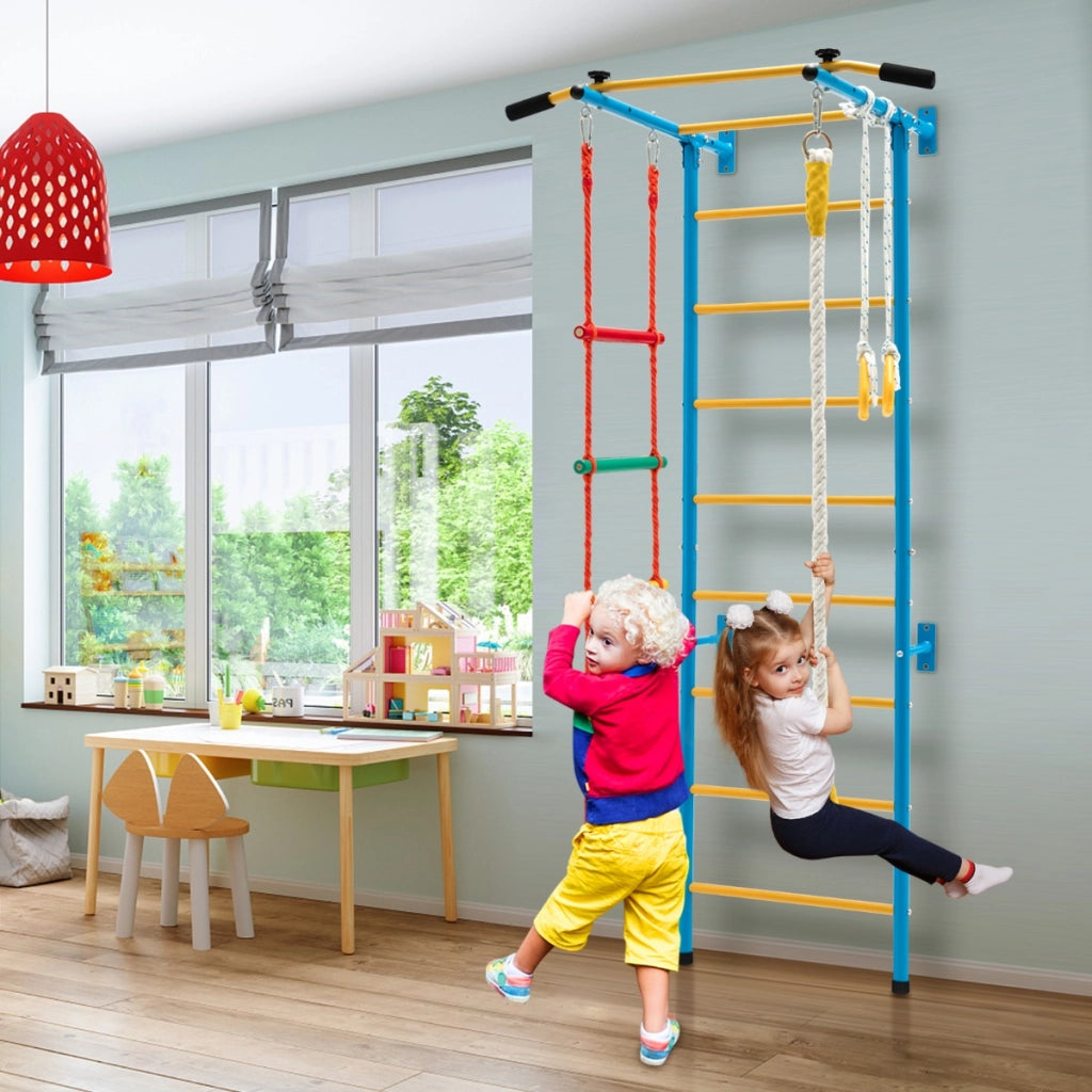 Set di sbarre in acciaio da parete per bambini, Sbarra per trazioni con scala a corda anelli da ginnastica Giallo-Giocattoli educativi