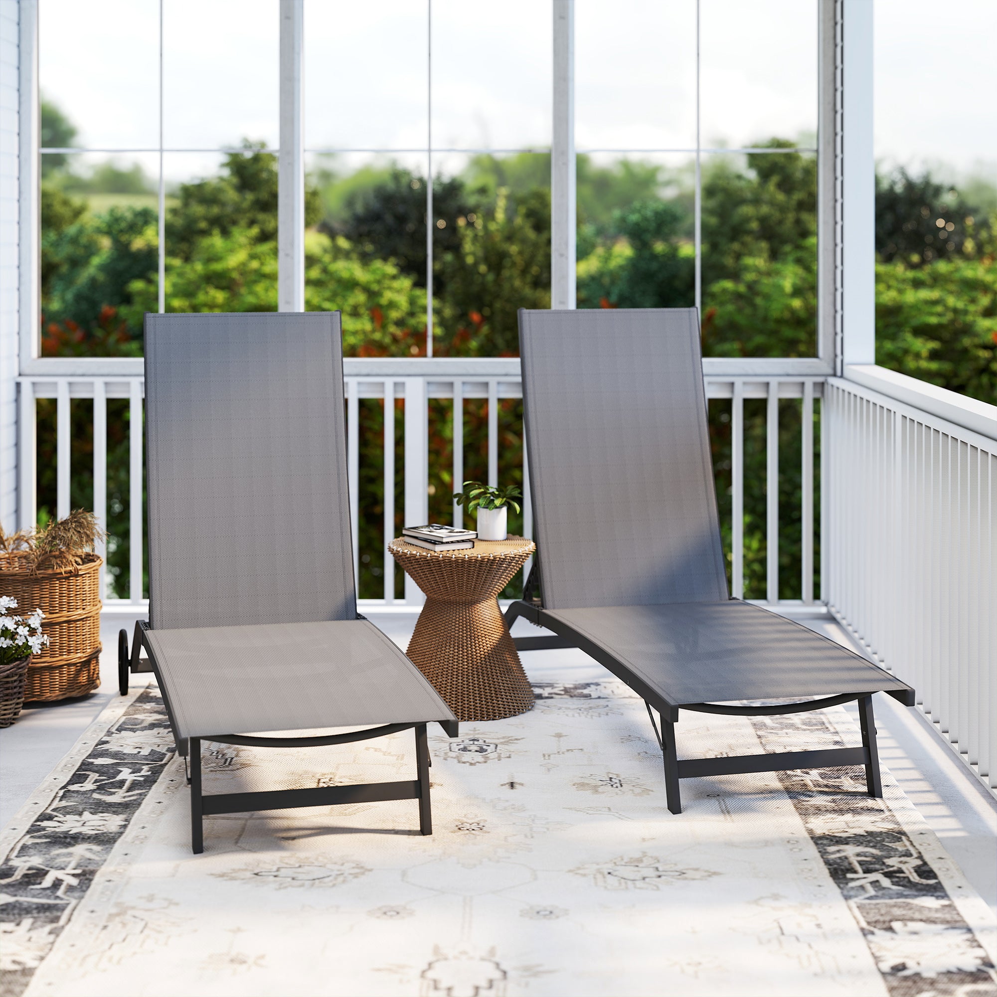 Set 2 Lettini Prendisole 66x165x102 cm con Schienale Reclinabile in Alluminio e Tessuto Traspirante Grigio Scuro