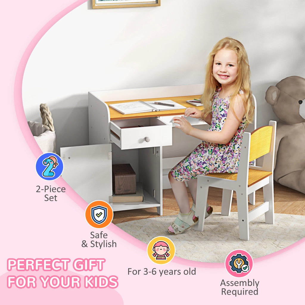 EasyComfort Banco Scuola e Sedia per Bambini da 3-6 Anni con Cassetto e Armadietto in Legno Bianco