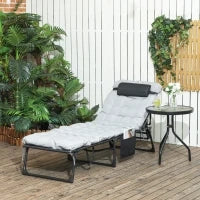 Lettino Prendisole Pieghevole con Cuscino, Poggiatesta e Tasca Laterale, 58x189x32.5 cm, Grigio Chiaro