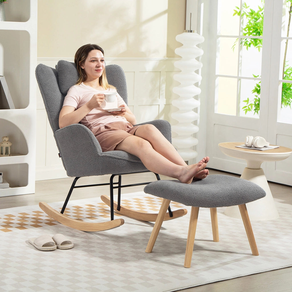Poltrona dondolo con poggiapiedi ¨C Xylo ¨C tessuto grigio scuro gambe legno