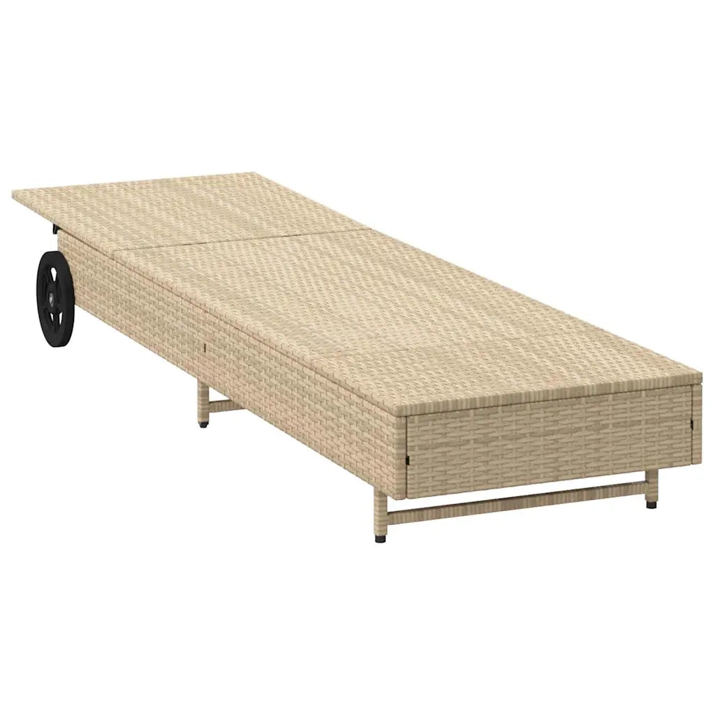 Lettino Prendisole | Sdraio da giardino | Lettino da sole con Ruote e Cuscino in Polyrattan Beige