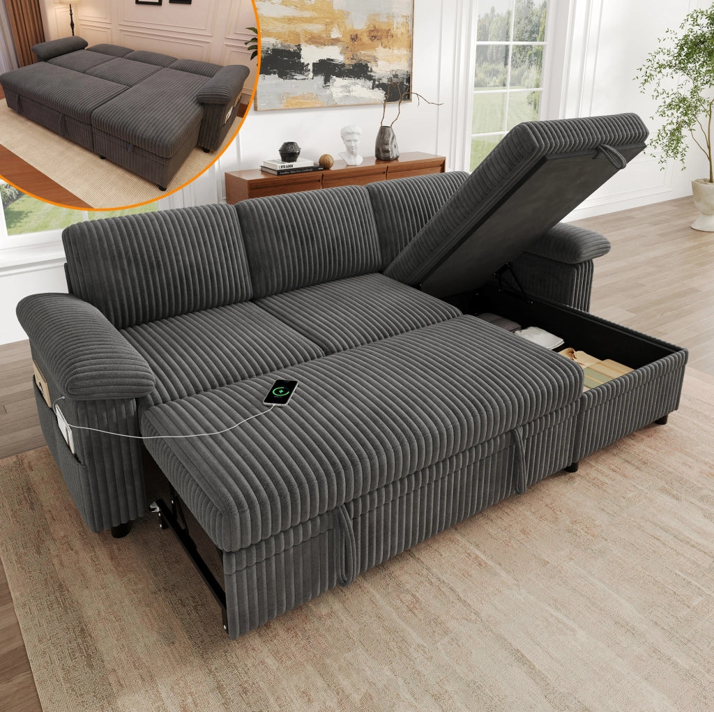 Divano angolare L con funzione letto; ottomana reversibile con contenitore; USB/Type?C; grigio