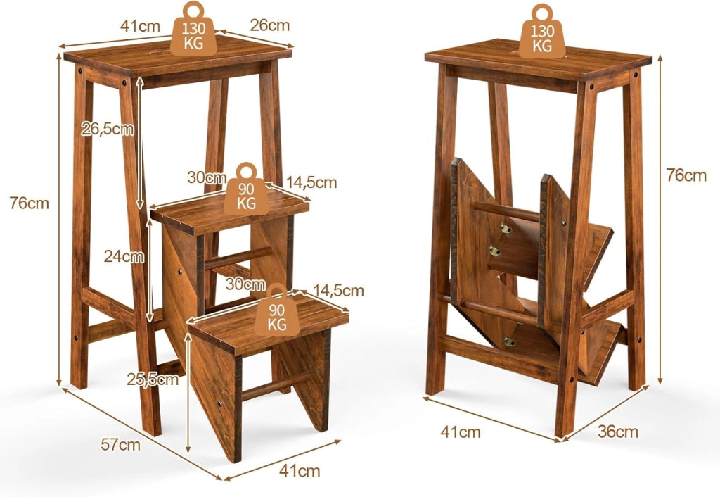 Sedia a Scala in Legno a 3 Livelli, Sgabello a Scala Multifunzionale Pieghevole, Altezza 76 cm, Portata Totale 310 kg, 2 Colori