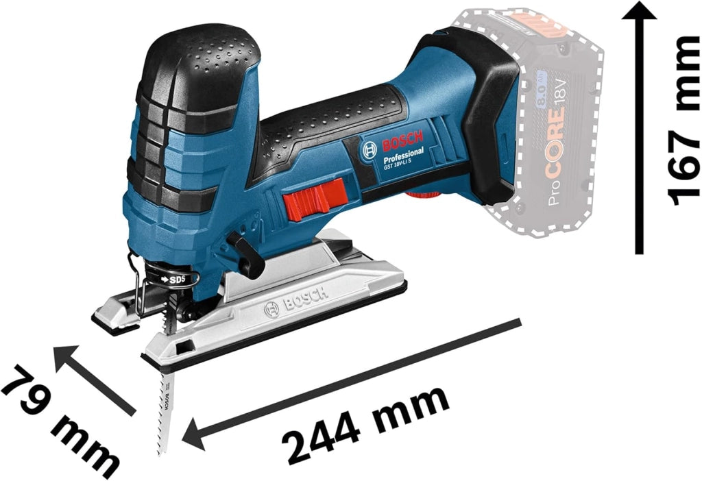 Bosch Professional 06015A6101 Seghetto Alternativo, Profondità: Legno/Alluminio/Metallo: 120/20/8 mm, 3 Lame, Protezione, Senza Batterie, in L-Boxx, 0 W, 18 V, Blu, Versione con Staffa