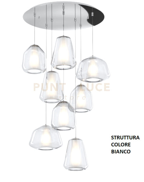 SOSPENSIONE BIANCO 8 LUCI TONDA VETRI 2X ALPHA + 3X BETA + 3X GAMMA TRASPARENTI 1176BI-S8 T ABG-TR