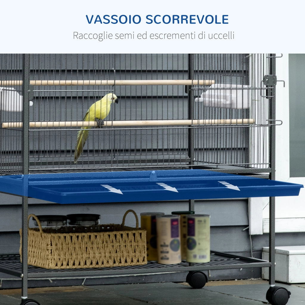 GABBIA PER UCCELLI DA INTERNI IN LEGNO CON VASSOIO, 4 RUOTE E TRESPOLO, 78X52X132CM