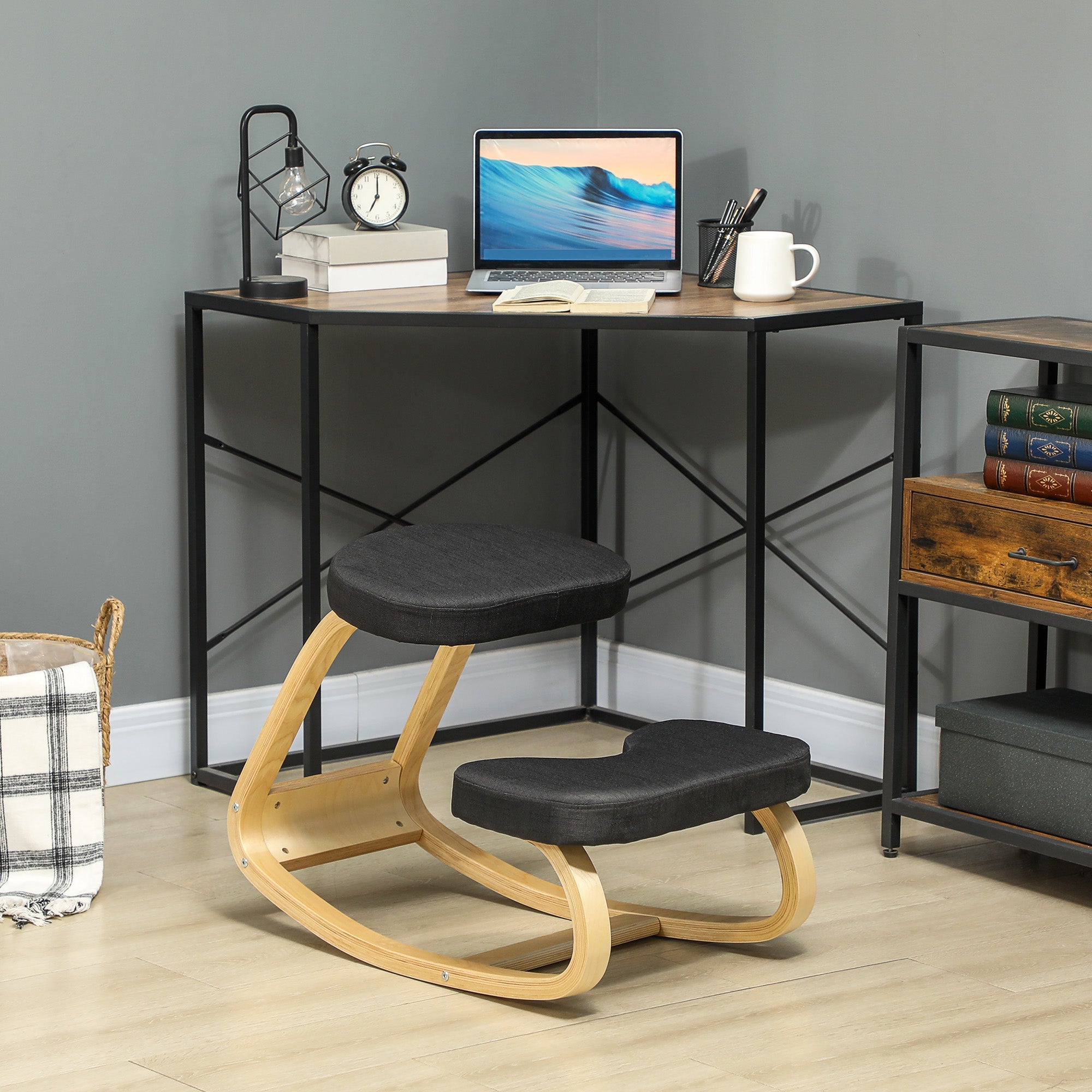 Sedia Inginocchiatoio con Movimento a Dondolo 50x73x55 cm in Tessuto Effetto Lino e Legno di Betulla Nero