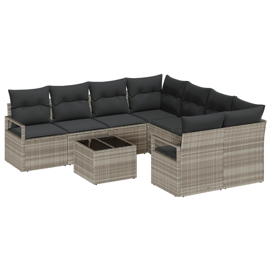 Set di divani da giardino a 9 pezzi  con cuscini Grigio chiaro Polirattan
