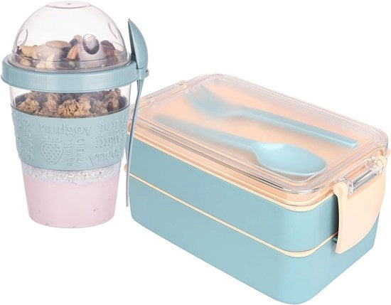 Bento Box per adulti senza grasso contenitore per pane (400 + 500 ml e 600 ml contenitore per cereali) Bento Box da asporto utensili snack box per microonde e lavastoviglie scuola lavoro inerte al BPA (turquesa)