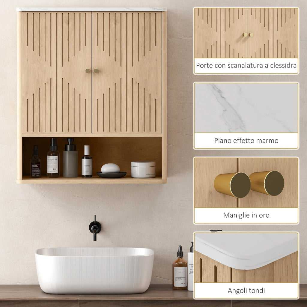 Armadietto Bagno a Parete con Ripiano Aperto e Ante Decorate. Piano Effetto Marmo. 60x18x70 cm. Rovere