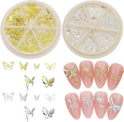 Nail art letto con disegno di farfalla in oro e argento, decorazione 3D per unghie per donne e ragazze con lega metallica pietre d'oro.