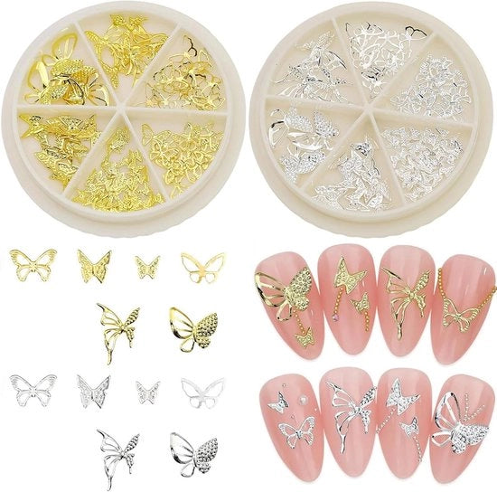 Nail art letto con disegno di farfalla in oro e argento, decorazione 3D per unghie per donne e ragazze con lega metallica pietre d'oro.